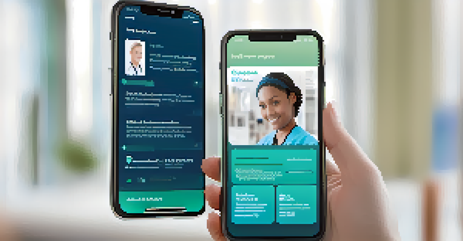A close-up of a smartphone displaying a patient portal interface with health records and treatment plans.