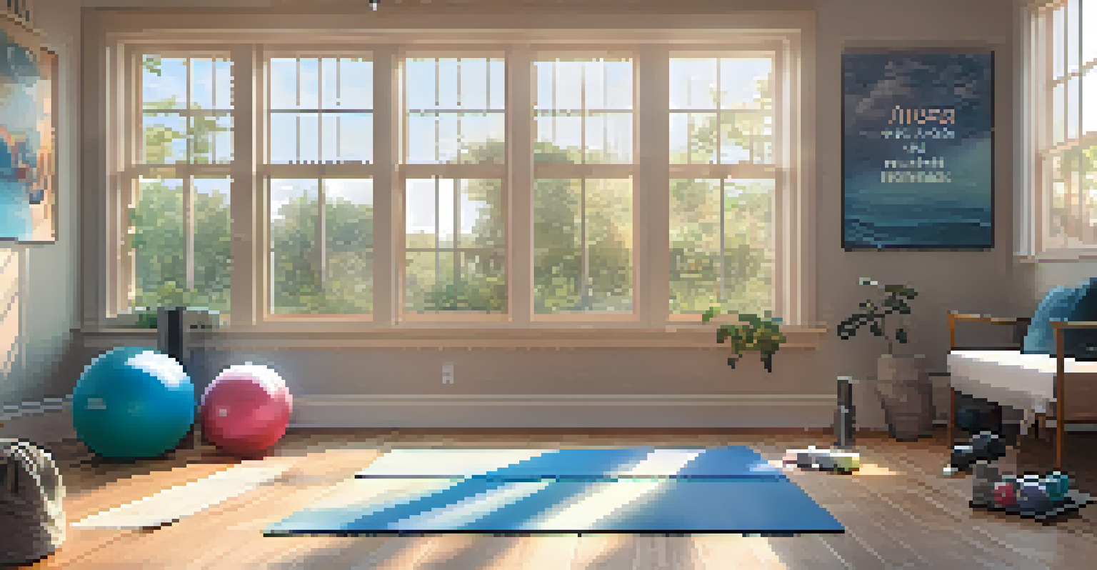 An individual stretching in a cozy home gym with yoga mats and dumbbells, illuminated by soft natural light.
