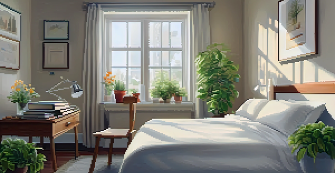 A tranquil hospital room featuring a bed with soft pillows, surrounded by plants and family photos, illuminated by natural light.