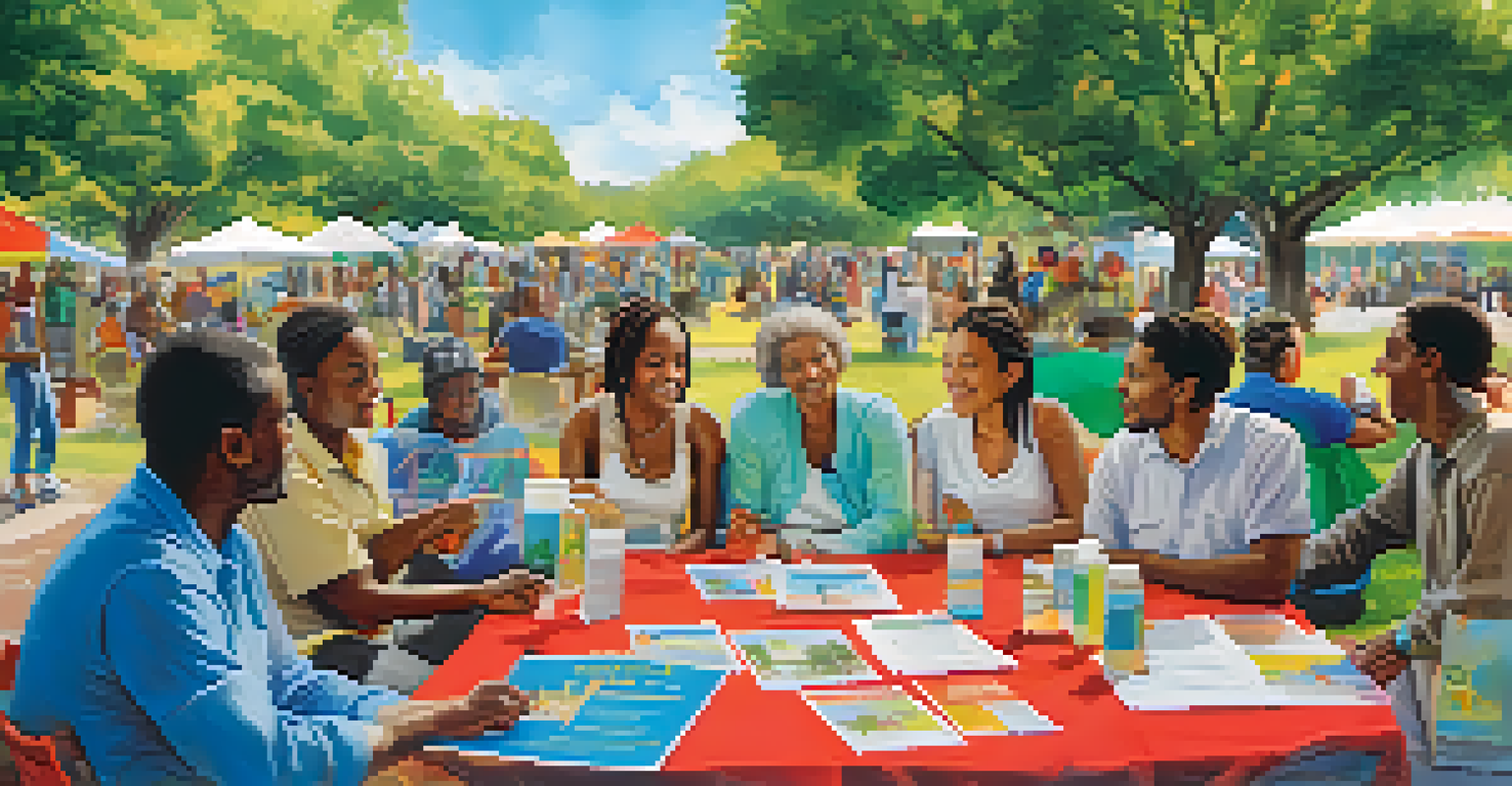 A diverse group of individuals participates in a community health forum outdoors, surrounded by informational materials and colorful cultural banners.