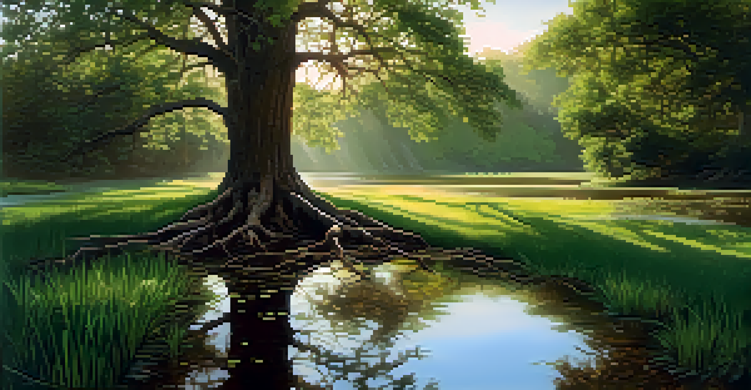 A large tree with roots representing genetic connections in a diverse natural landscape, illuminated by sunlight.