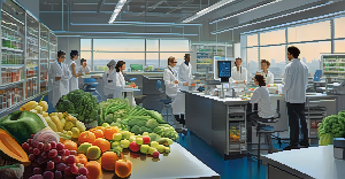 A diverse group of researchers discussing nutrigenomics in a bright laboratory filled with charts and fresh produce.