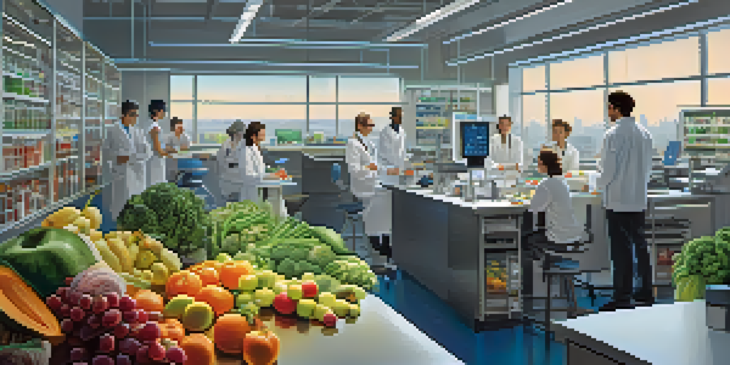 A diverse group of researchers discussing nutrigenomics in a bright laboratory filled with charts and fresh produce.