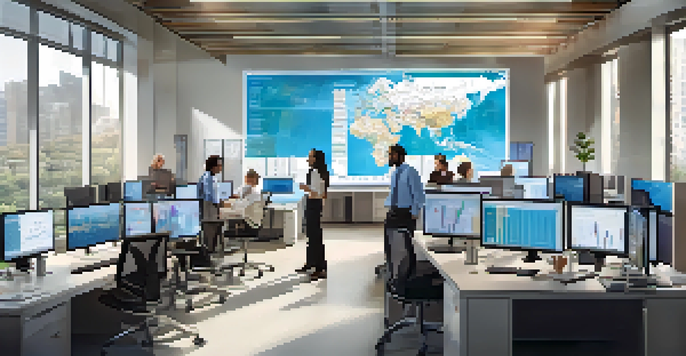 A diverse group of epidemiologists in a modern office, analyzing data on computer screens with various health statistics displayed.