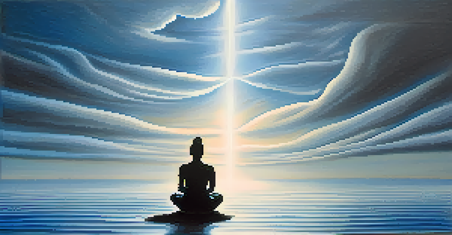 An abstract image depicting mindfulness with a silhouette in meditation illuminated by a gentle spotlight against a soft blue and white background.