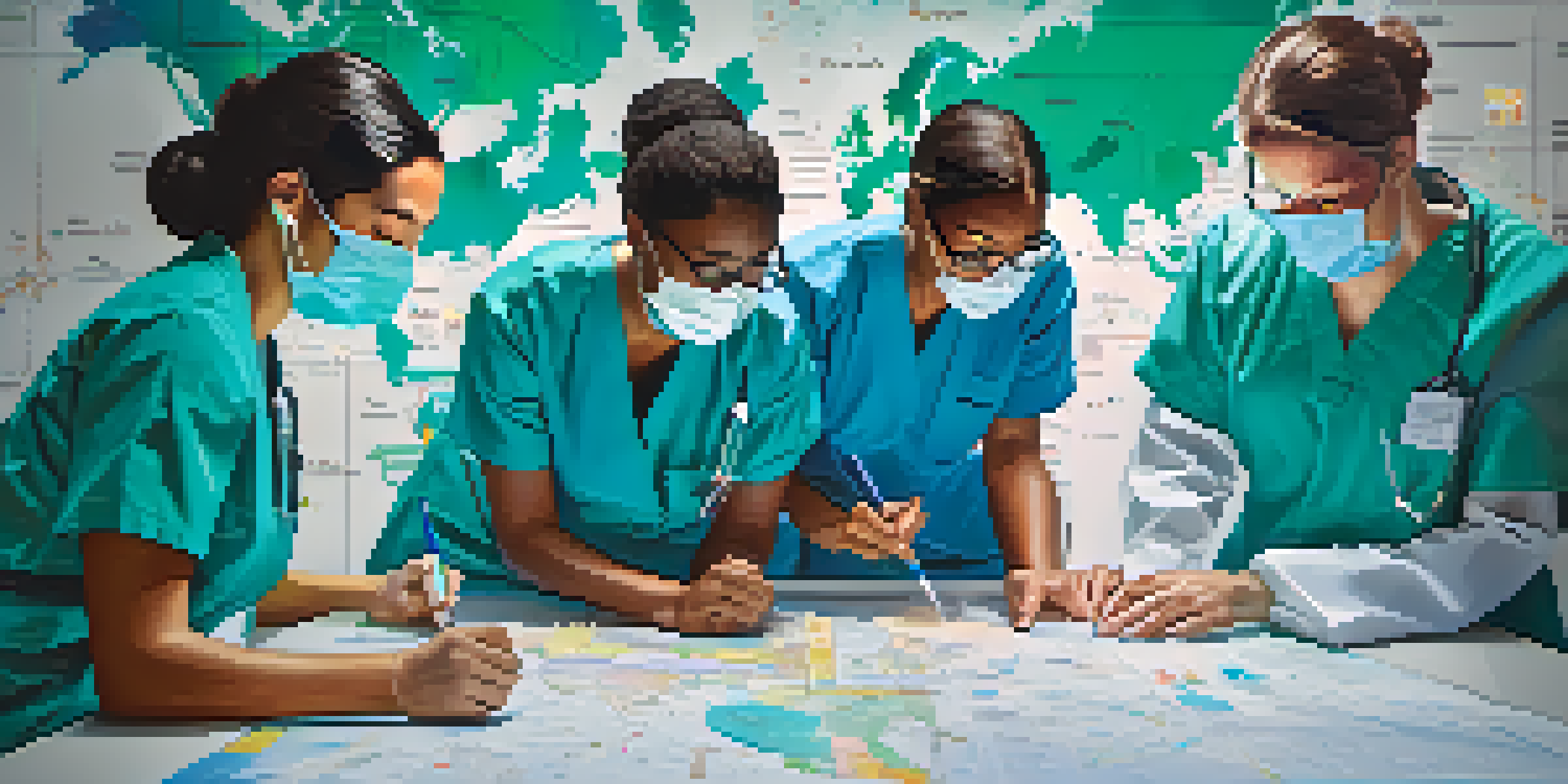 A diverse group of healthcare workers discussing infectious disease statistics over a world map, with charts and graphs in a brightly lit room.