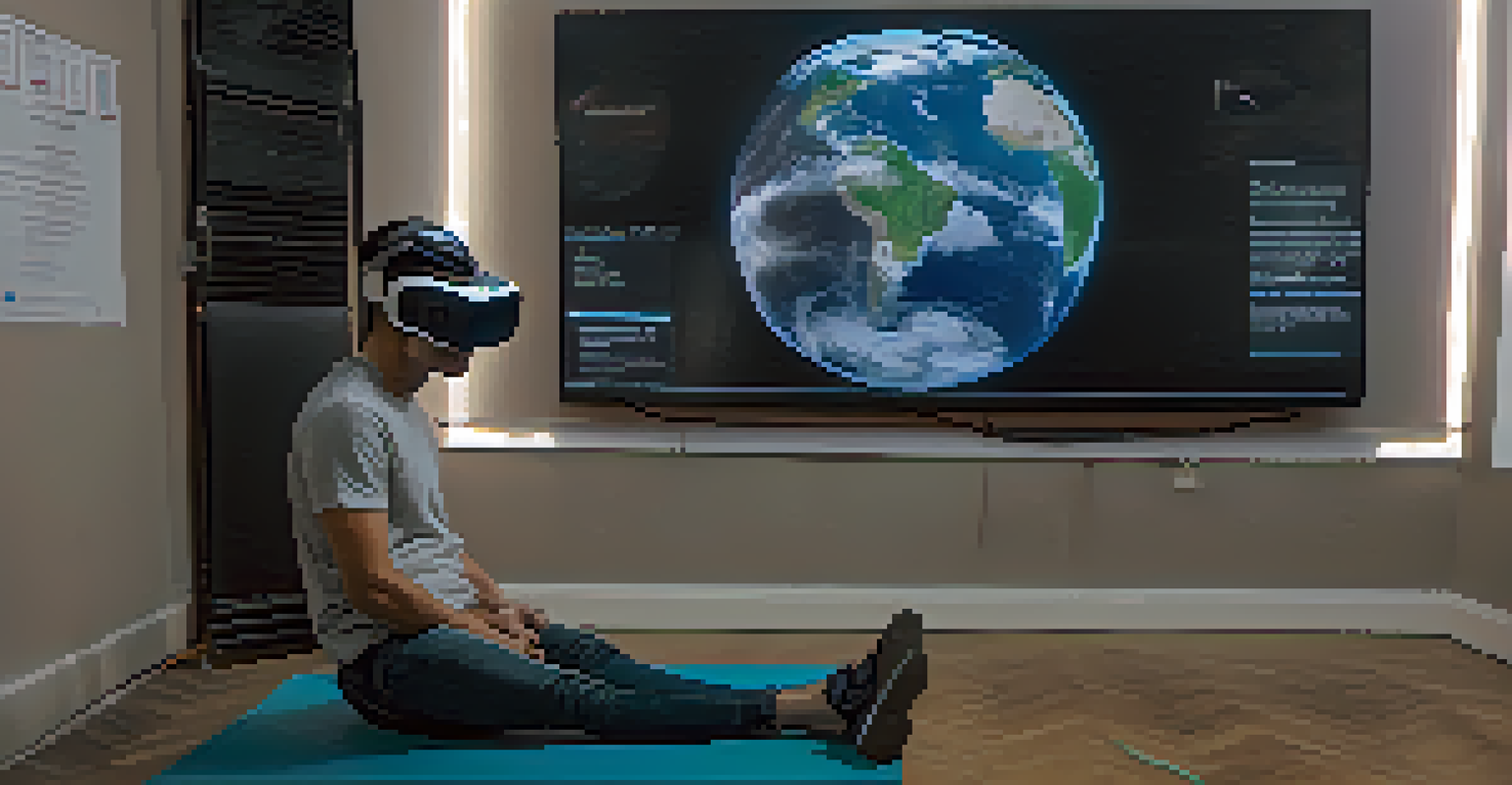 A person wearing a virtual reality headset, immersed in a health education scenario, with a screen displaying a virtual environment in a dimly lit room.