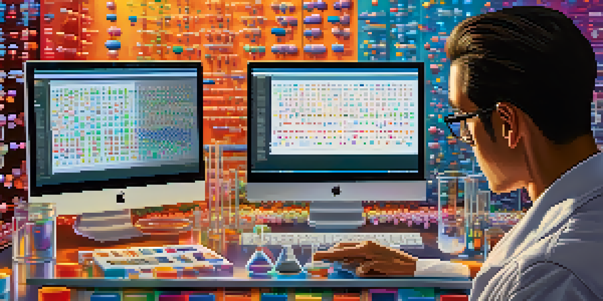 A researcher in a laboratory analyzing a DNA sequence on a computer, surrounded by colorful molecular models and glassware.