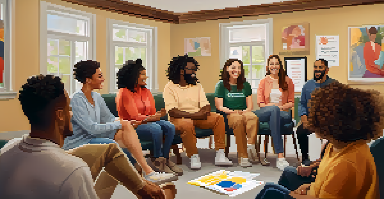 A diverse group of people sitting in a circle at a support group meeting in a cozy community center, sharing smiles and experiences.