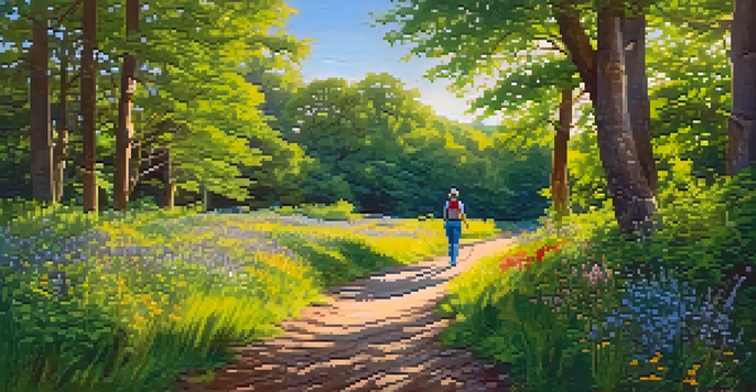 A person walking on a forest trail surrounded by greenery and wildflowers, under a clear blue sky with sunlight filtering through the leaves.
