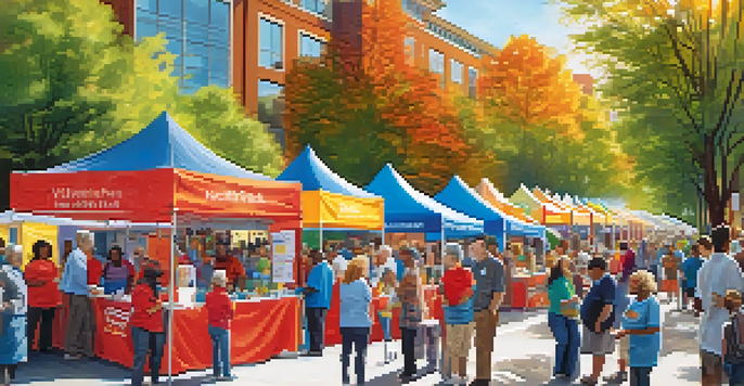 A lively community health fair with colorful booths and diverse attendees engaging with volunteers under a sunny sky.