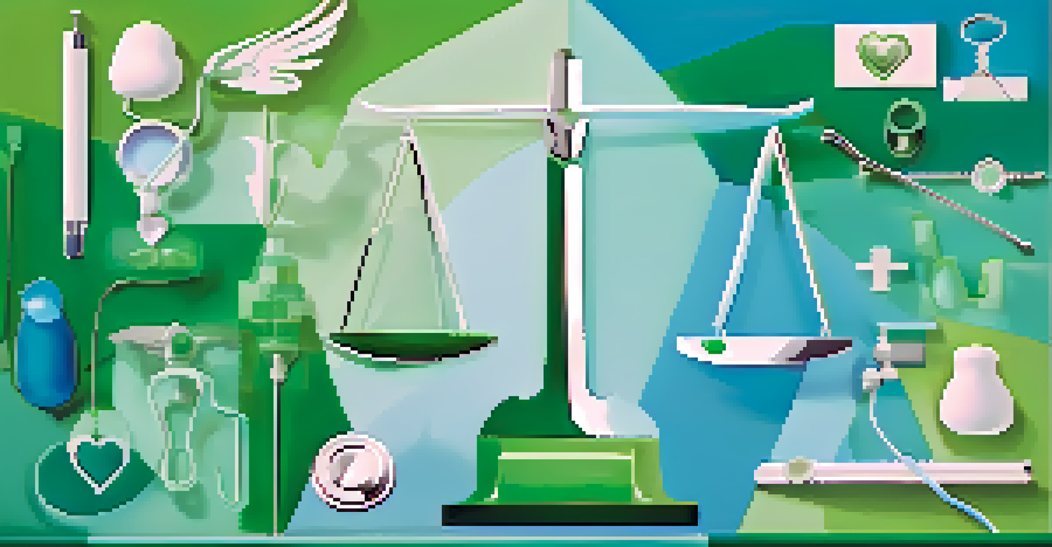 An abstract representation of ethical leadership in healthcare featuring a balanced scale surrounded by healthcare icons.