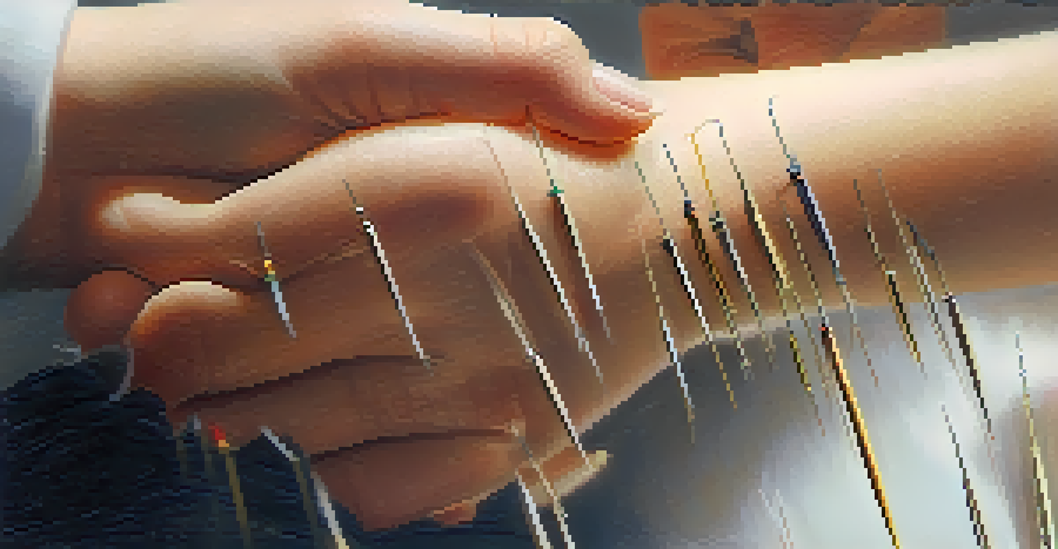 A close-up of acupuncture needles being inserted into a person's wrist, showcasing the precision of the treatment.