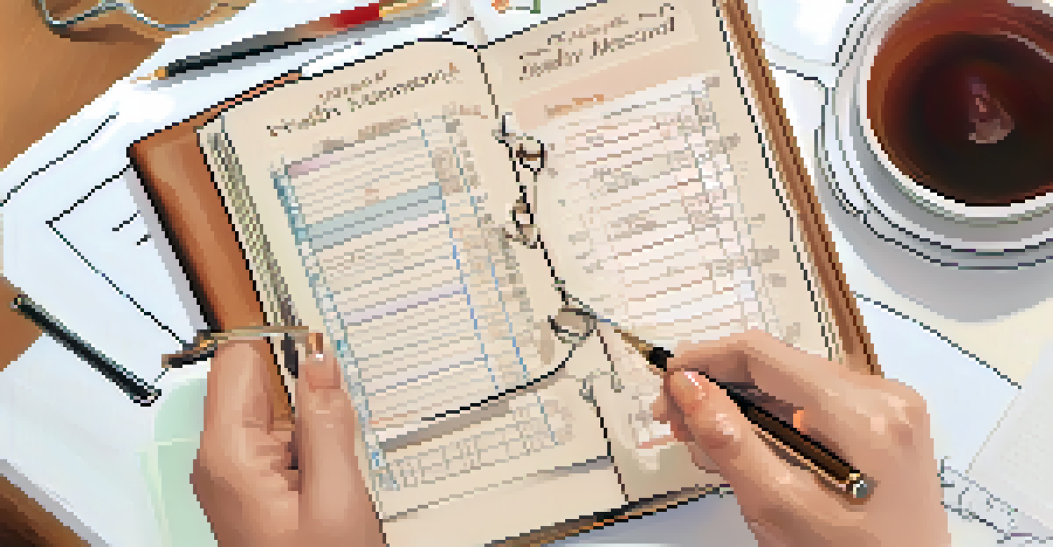 A close-up of hands holding a health record book with handwritten notes and a pen.
