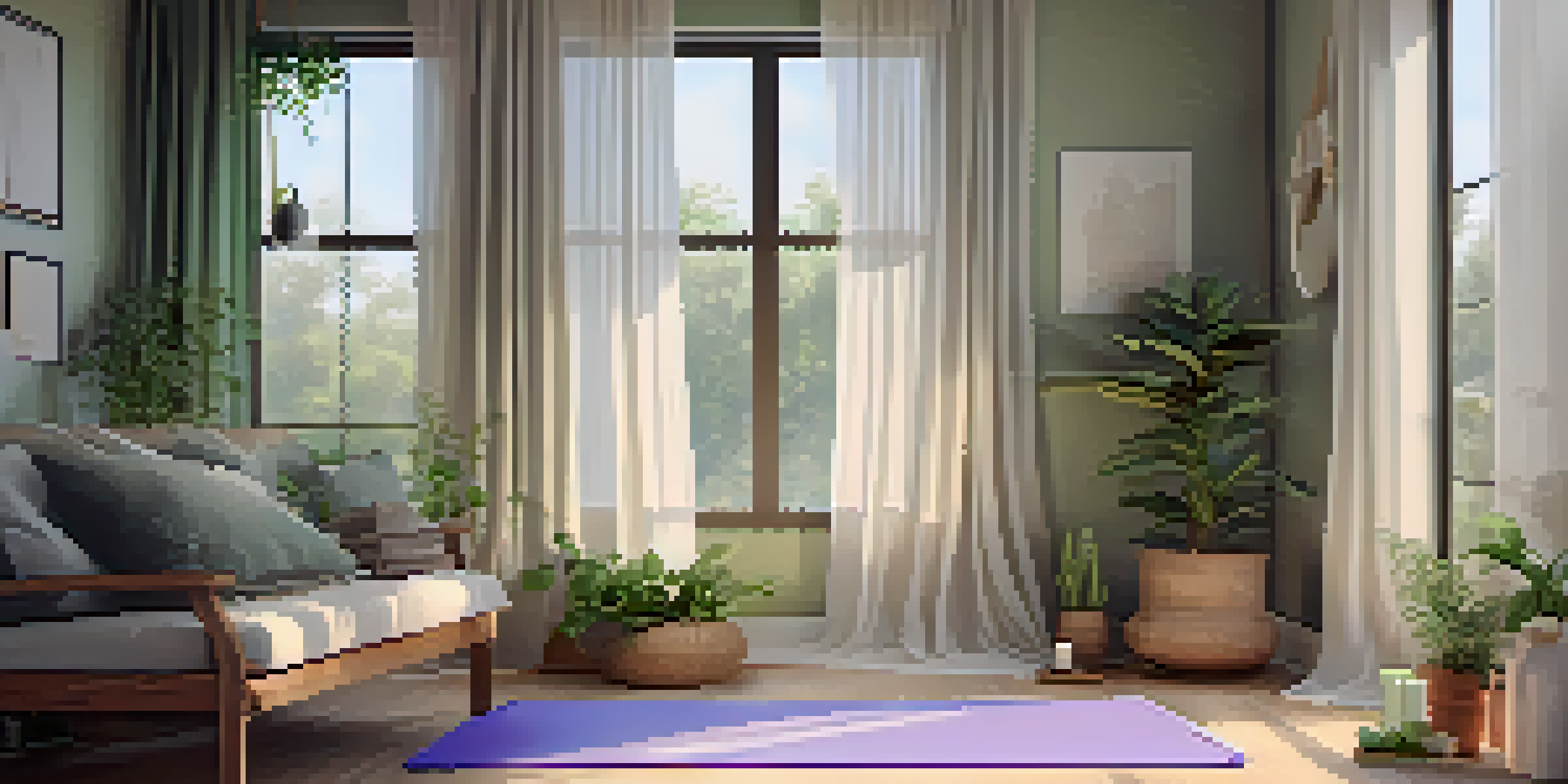 A tranquil wellness space with a yoga mat, candles, and plants, illuminated by soft morning light.