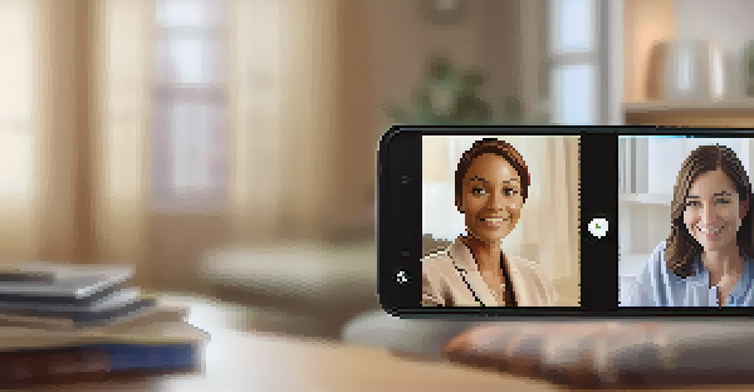 A close-up of a smartphone displaying a video call between a therapist and a patient during a teletherapy session, with a cozy background.