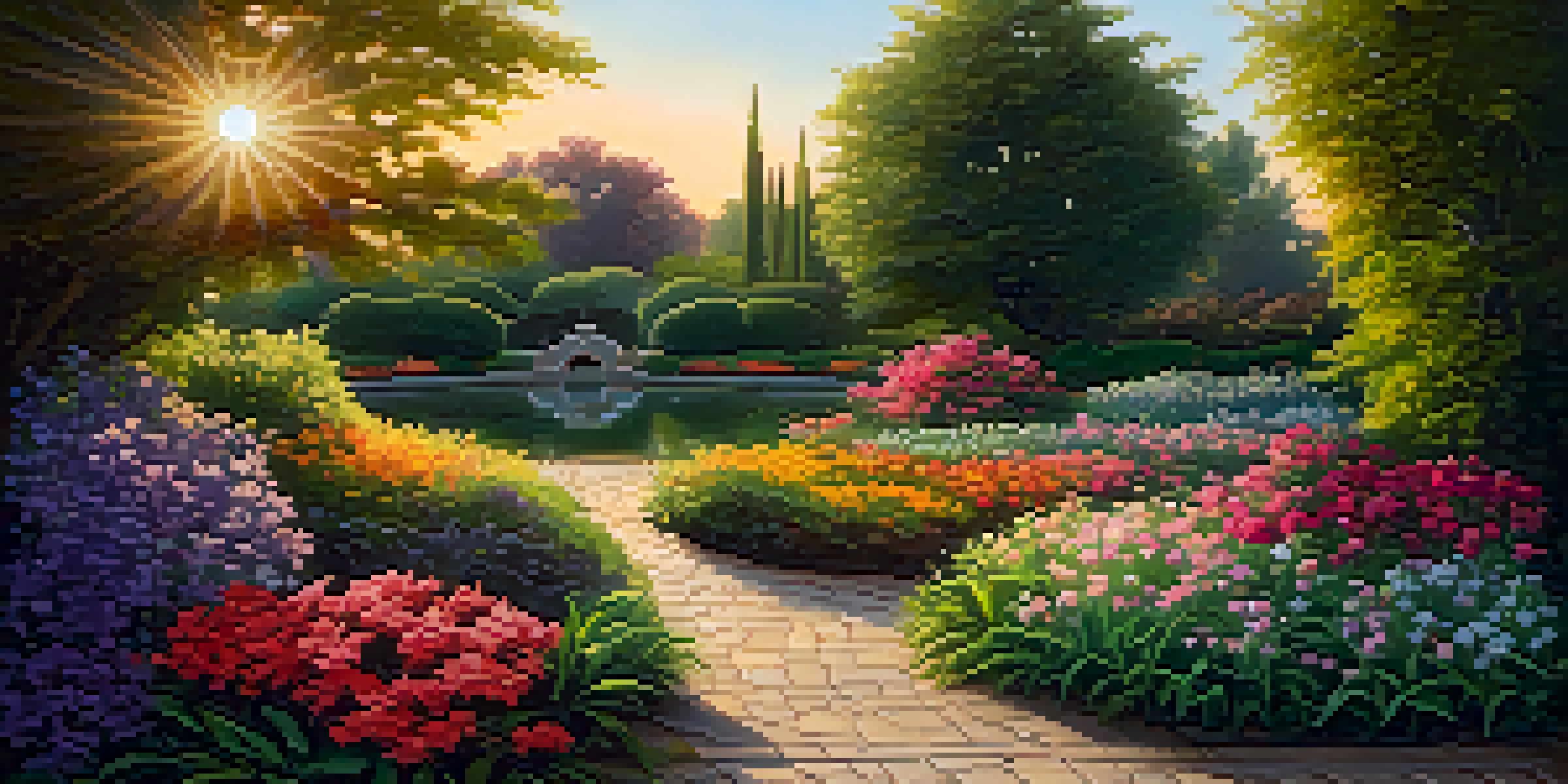 A serene garden with colorful flowers, a pathway, and a pond under a sunset.