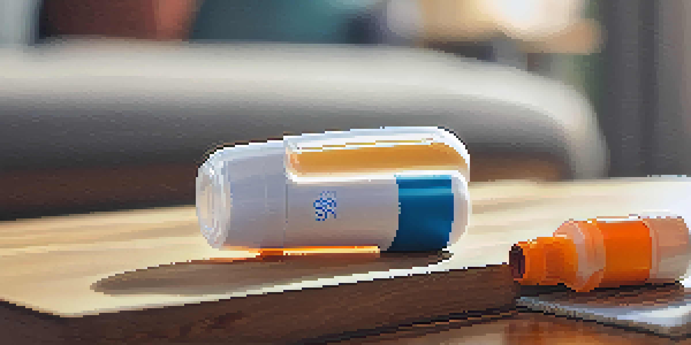 A close-up view of a colorful metered-dose inhaler on a wooden table in a softly lit living room.