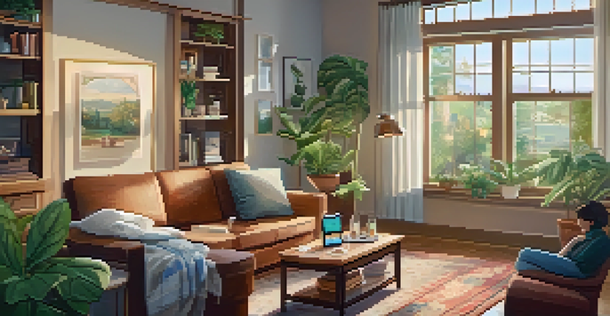 A patient sitting on a sofa in a cozy living room, using a smartwatch to monitor their health, with soft natural light coming through the window.
