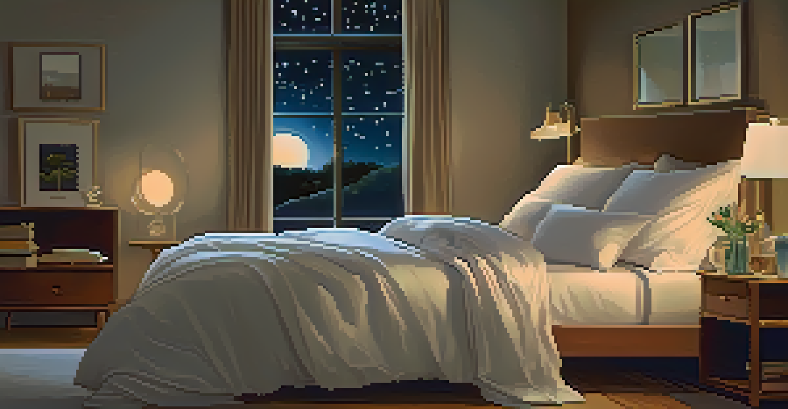 A cozy bedroom with a comfortable bed, soft lighting, and a window showing a starry night.