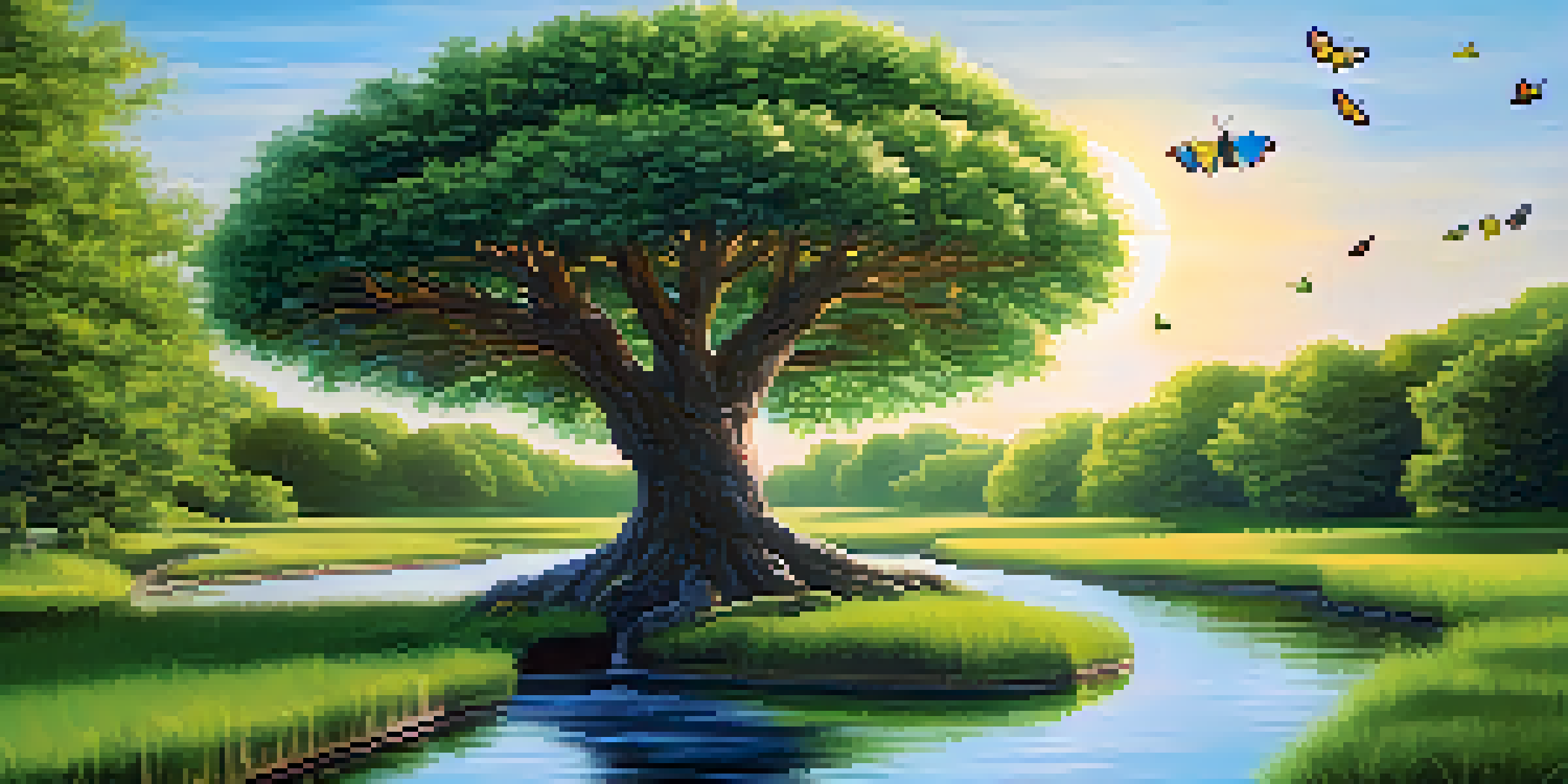 A tranquil landscape with a brain-shaped tree, green leaves, and a blue sky, alongside a gently flowing stream and butterflies.