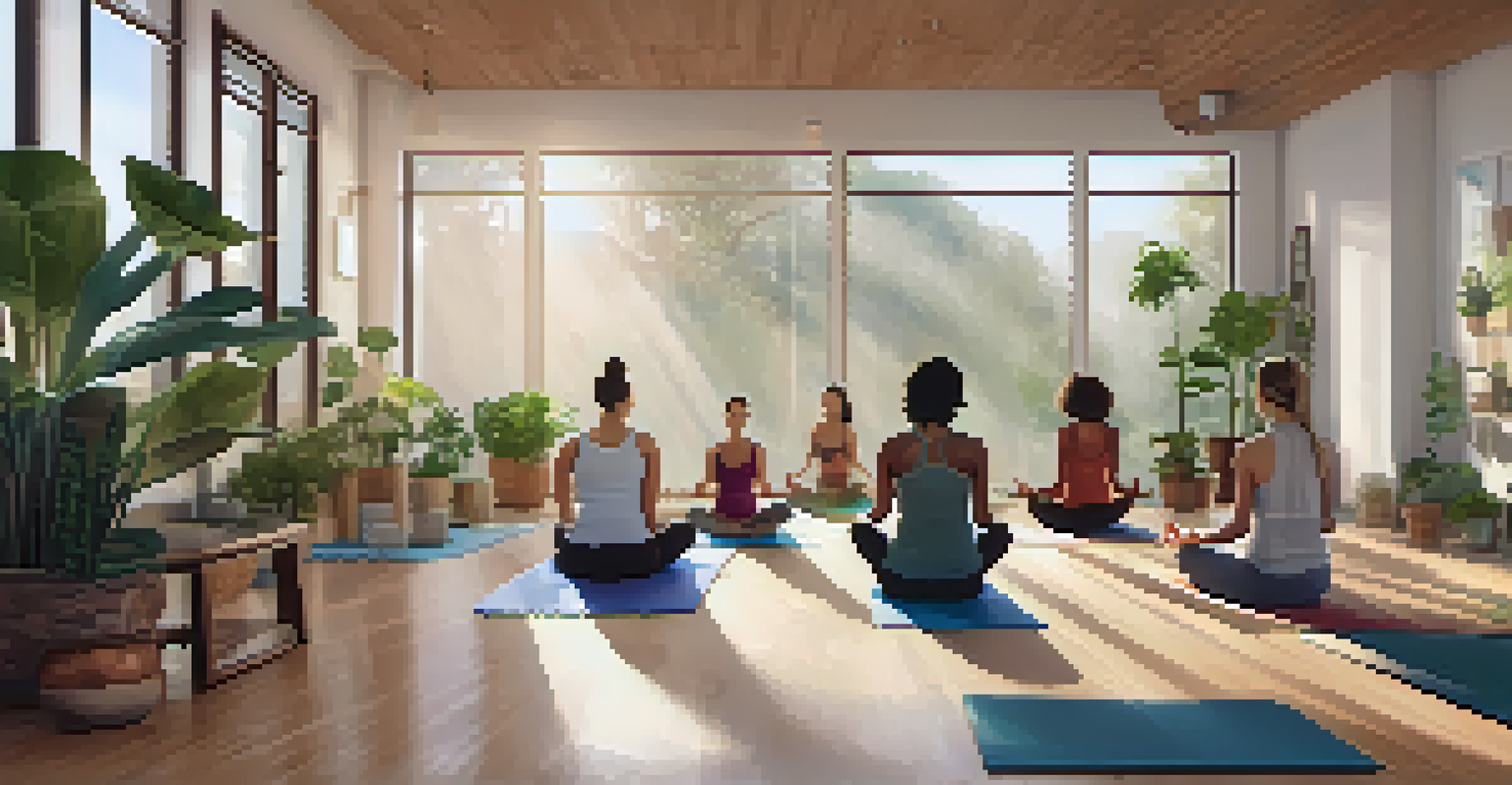 A diverse group of people practicing yoga and meditation in a calm studio filled with natural light.