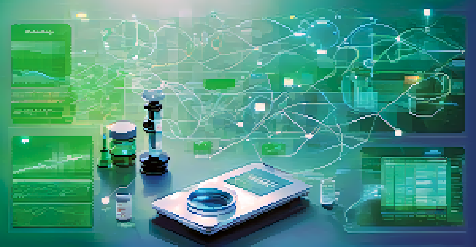 An abstract representation of predictive analytics in healthcare with interconnected data points and medical icons on a blue and green gradient background.