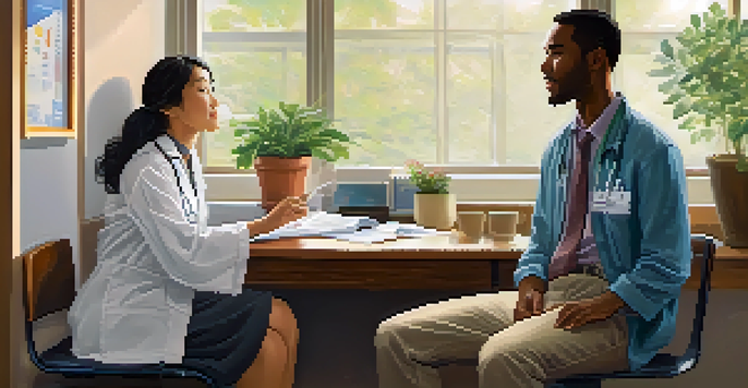 A healthcare provider listens compassionately to a diverse patient in a warmly lit office, surrounded by medical books and a plant.