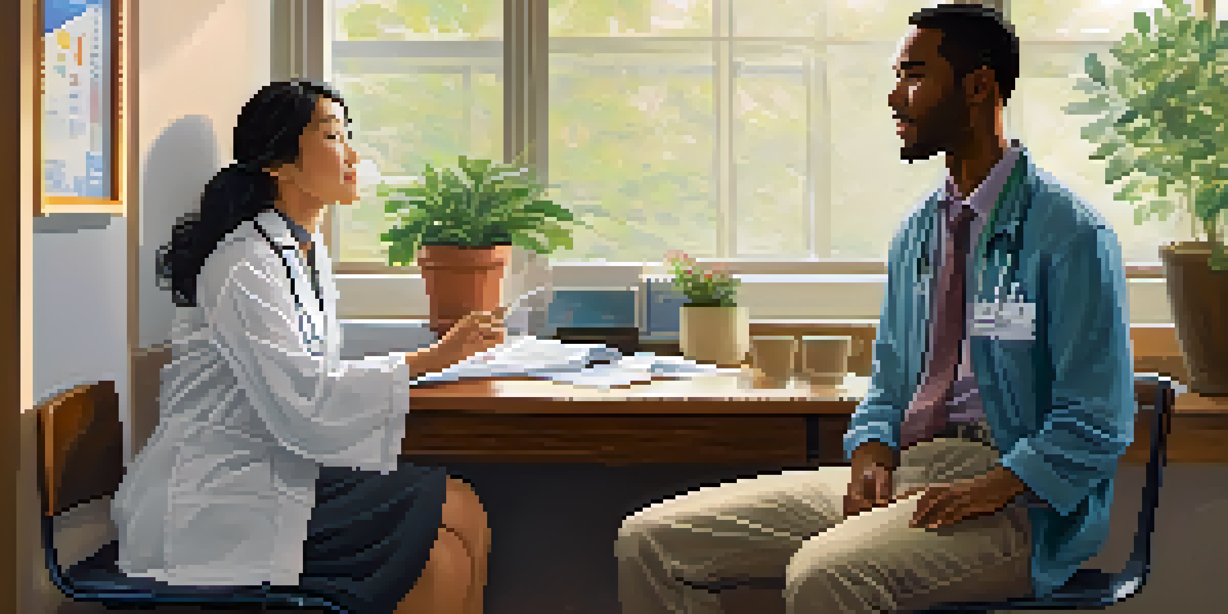 A healthcare provider listens compassionately to a diverse patient in a warmly lit office, surrounded by medical books and a plant.