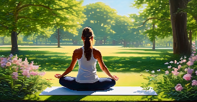 A person meditating on a yoga mat in a tranquil park, surrounded by trees and flowers under a blue sky.