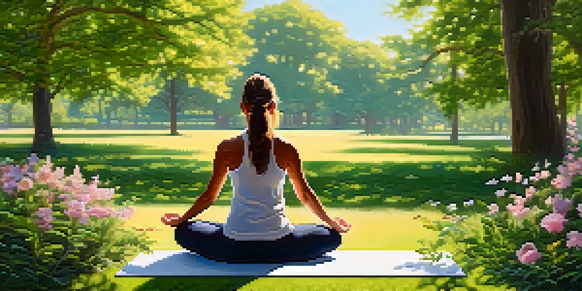 A person meditating on a yoga mat in a tranquil park, surrounded by trees and flowers under a blue sky.