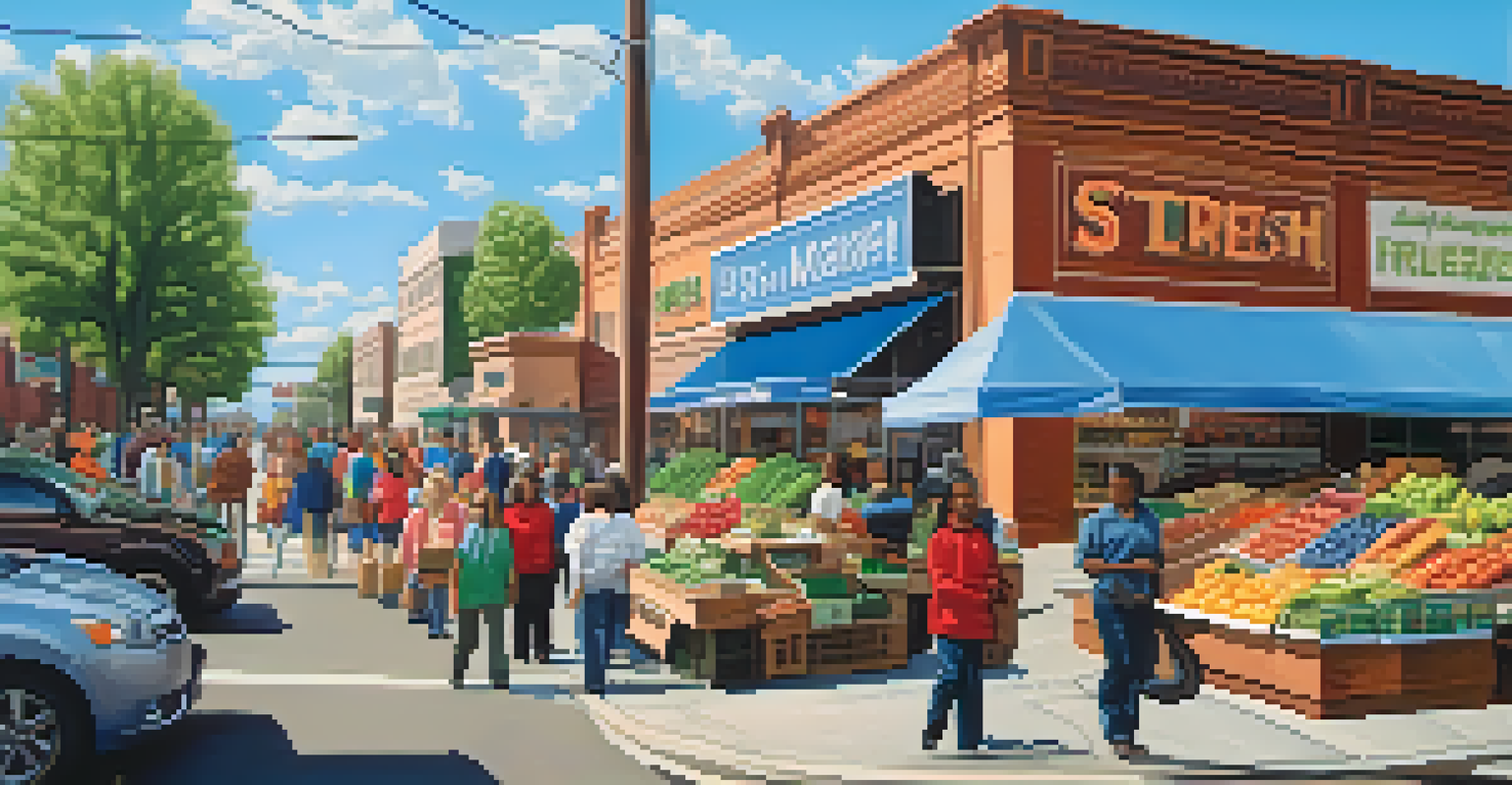 An urban street scene showing a grocery store with fresh produce and diverse shoppers, emphasizing access to healthy food.