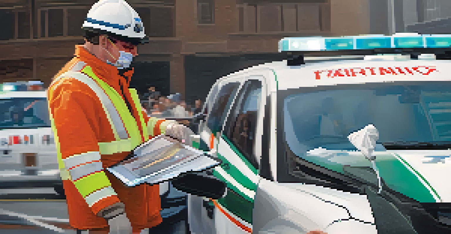 A paramedic using a medical tablet to assess a patient at an accident scene, with the accident visible in the background.