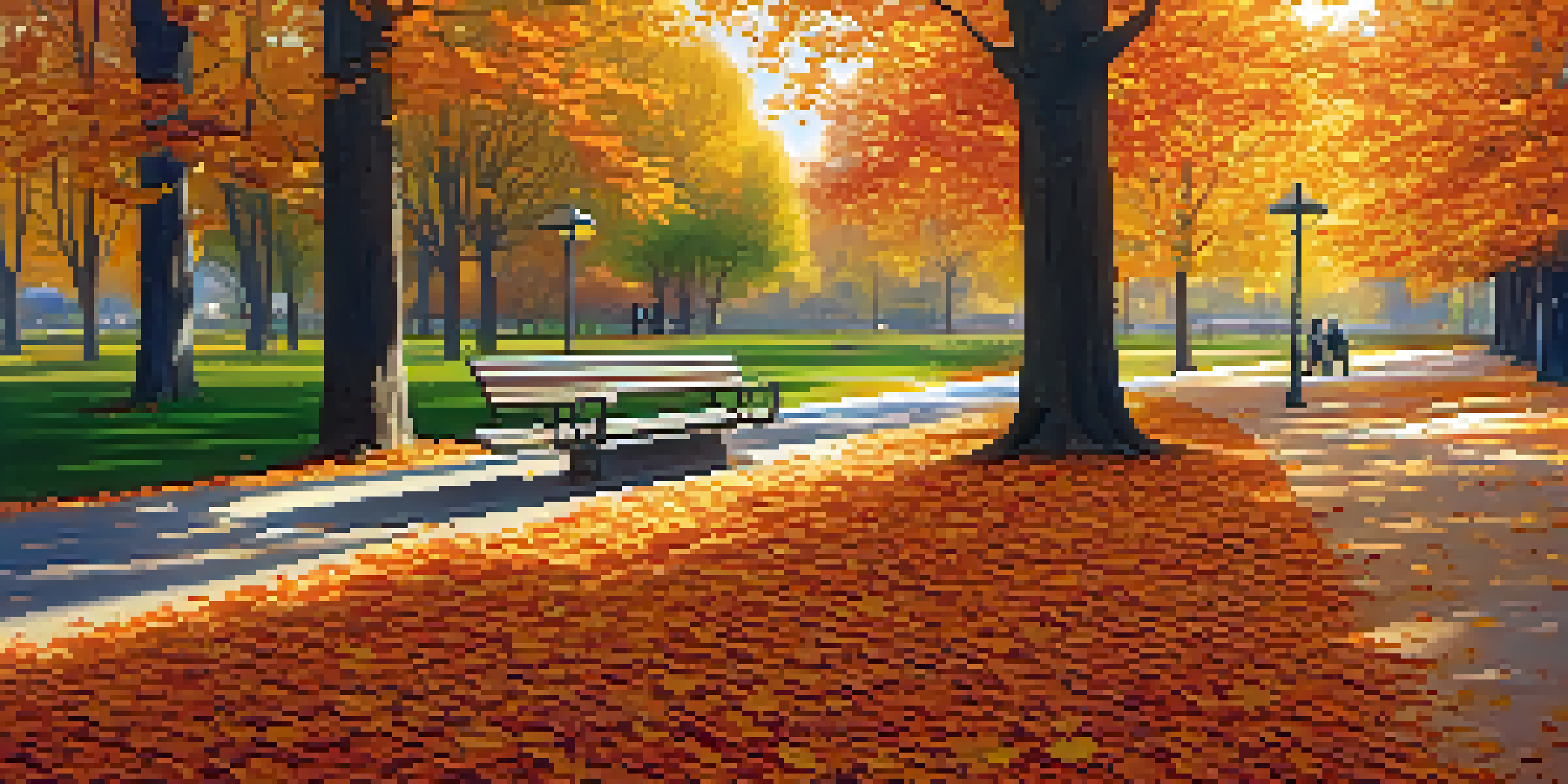 A tranquil park scene in autumn with colorful leaves, a stream, and benches.