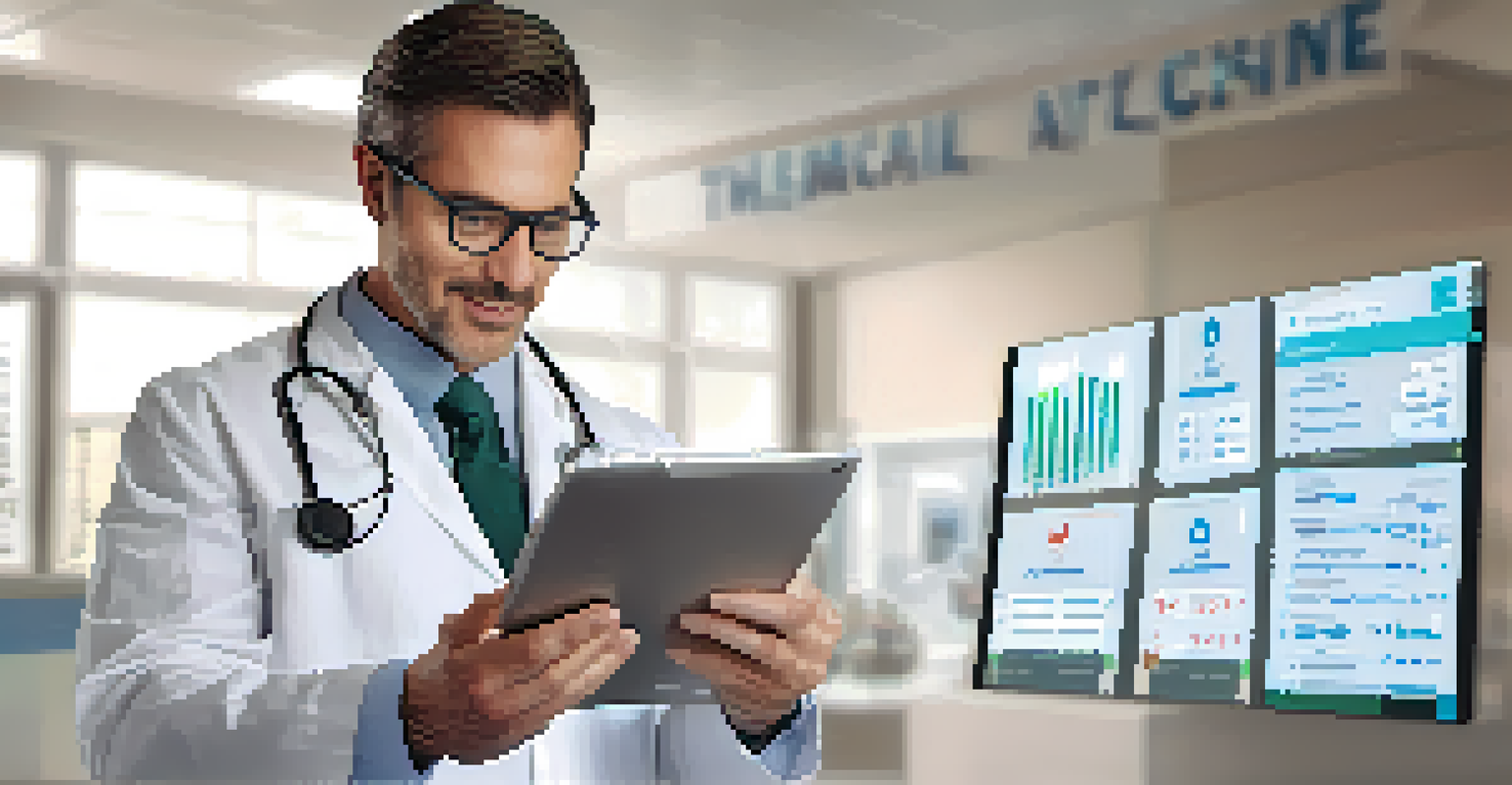 A healthcare professional using a tablet for a telehealth appointment in a modern clinic.