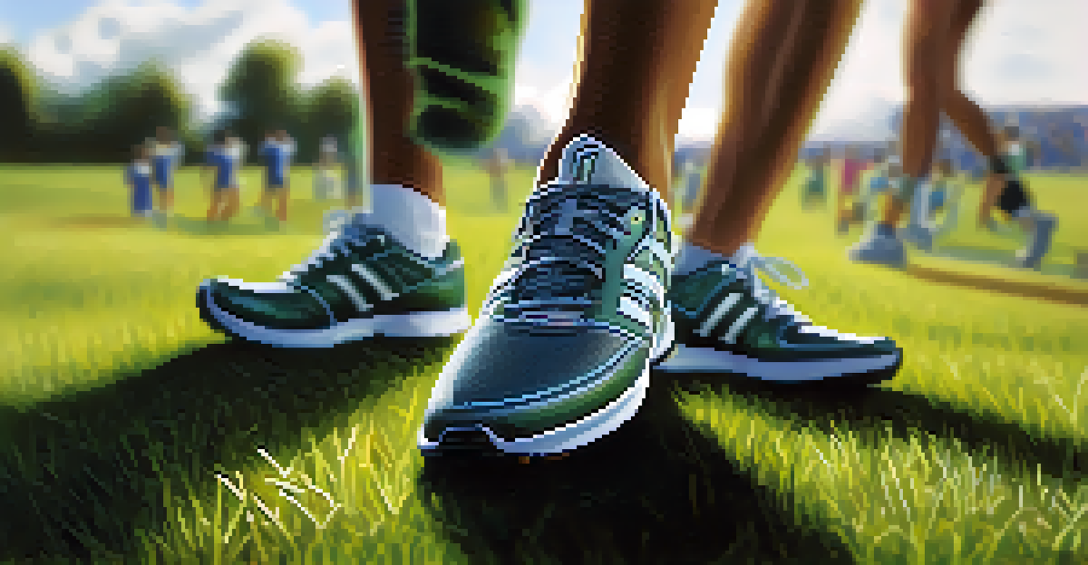 Close-up of a pair of athletic shoes on grass, showcasing their design with blurred athletes training in the background.