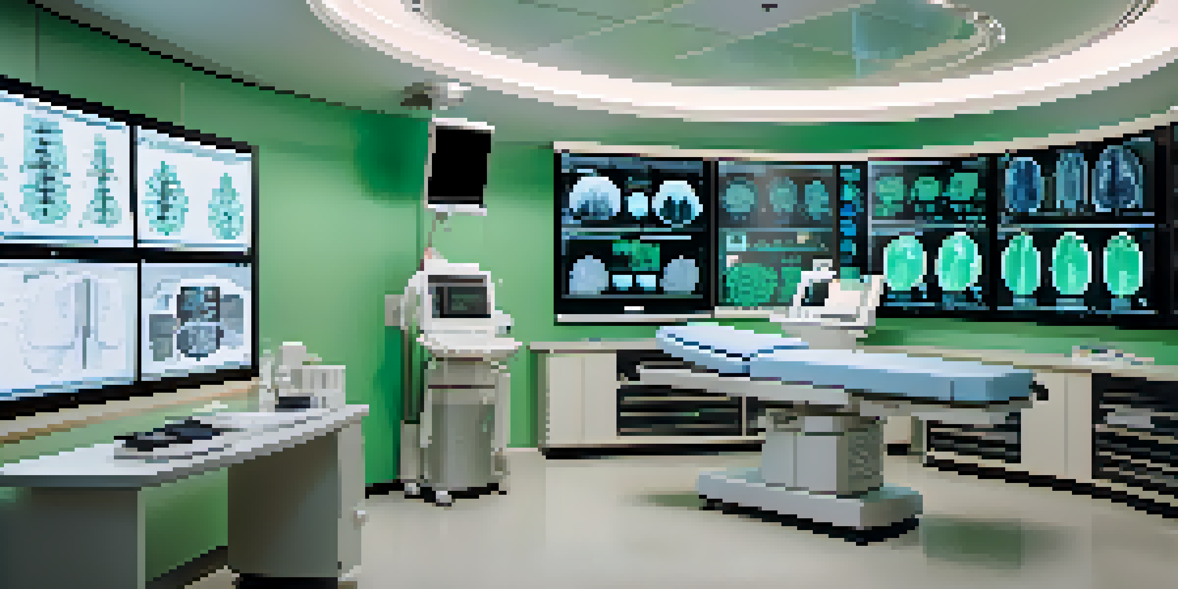 A modern radiology room with advanced imaging equipment and a radiologist analyzing scans on a computer.