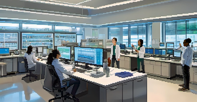 A diverse group of researchers collaborating in a bright modern laboratory, with advanced technology and lab equipment.