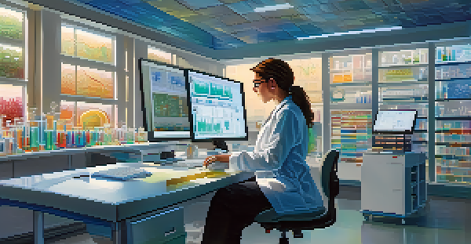 A female researcher in a laboratory, analyzing genetic data on a computer, with DNA models and lab equipment around her, illuminated by natural light.