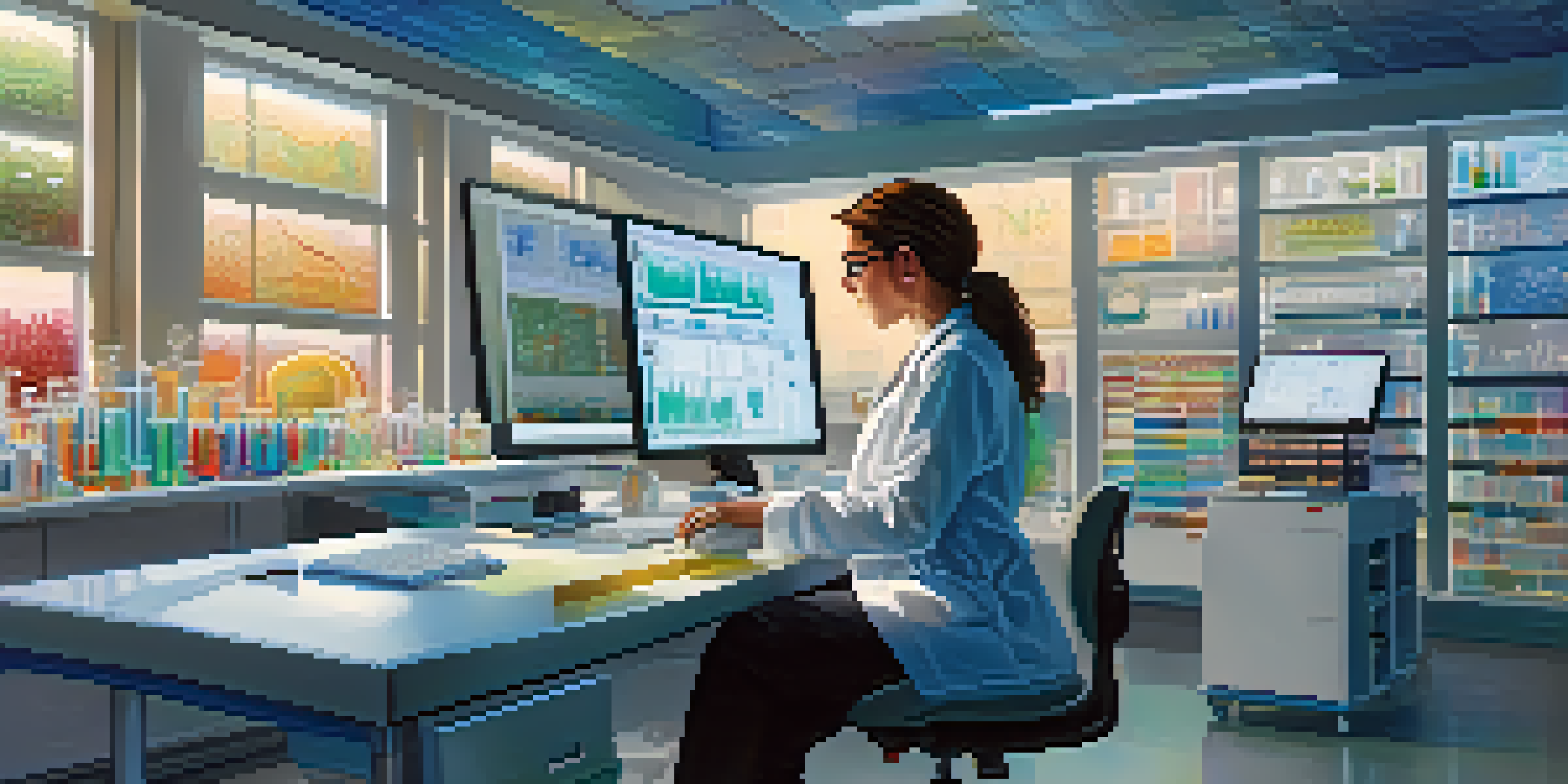 A female researcher in a laboratory, analyzing genetic data on a computer, with DNA models and lab equipment around her, illuminated by natural light.