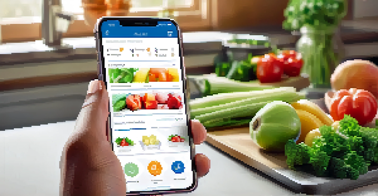 Close-up of hands holding a smartphone with a health app, surrounded by fresh fruits and vegetables in a kitchen.