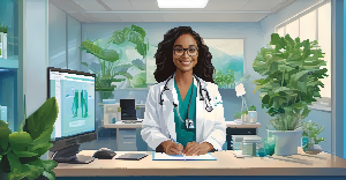 A healthcare professional sitting at a desk in a bright office, engaged in a video call with a patient, with plants and medical books in the background.