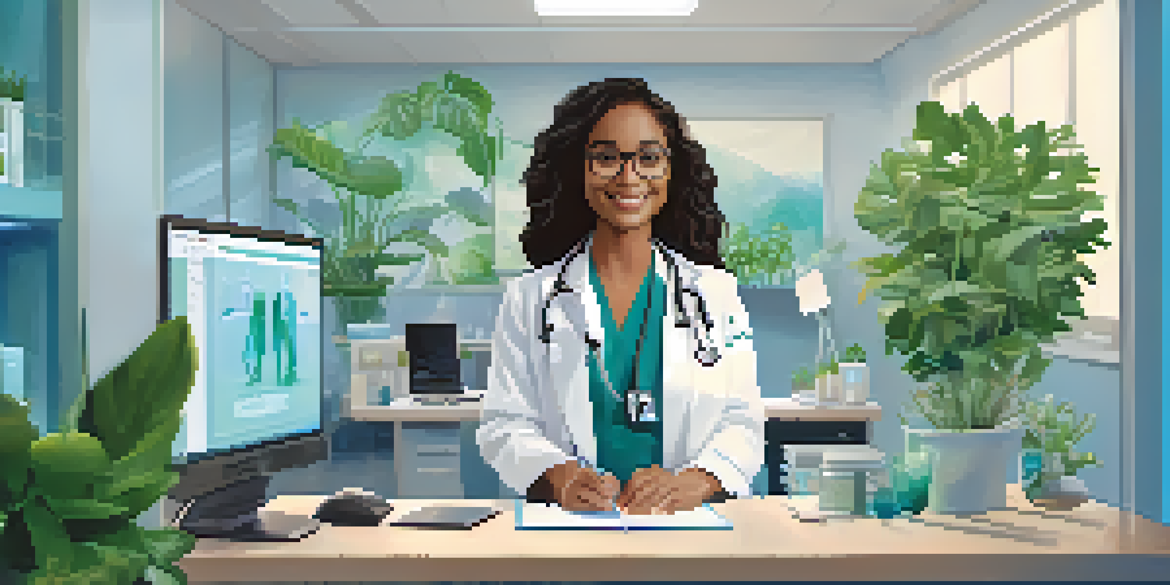 A healthcare professional sitting at a desk in a bright office, engaged in a video call with a patient, with plants and medical books in the background.
