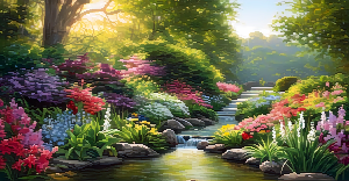 A peaceful garden filled with colorful flowers, greenery, and a stream, illuminated by soft sunlight.