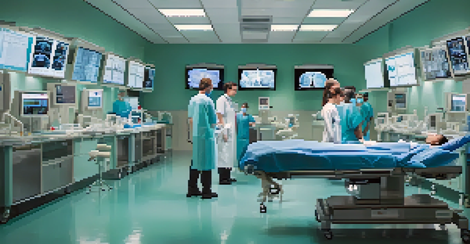Healthcare professionals in a surgical simulation room practicing on a lifelike mannequin.