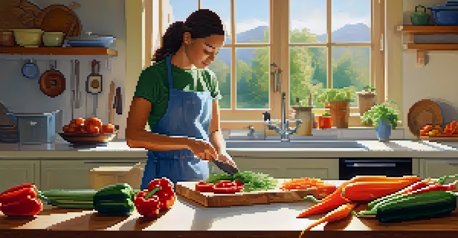 A person chopping colorful vegetables in a bright and inviting kitchen.
