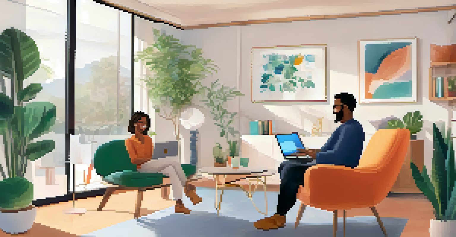 A therapist and client having a video session on a laptop, depicting a positive and engaging interaction.