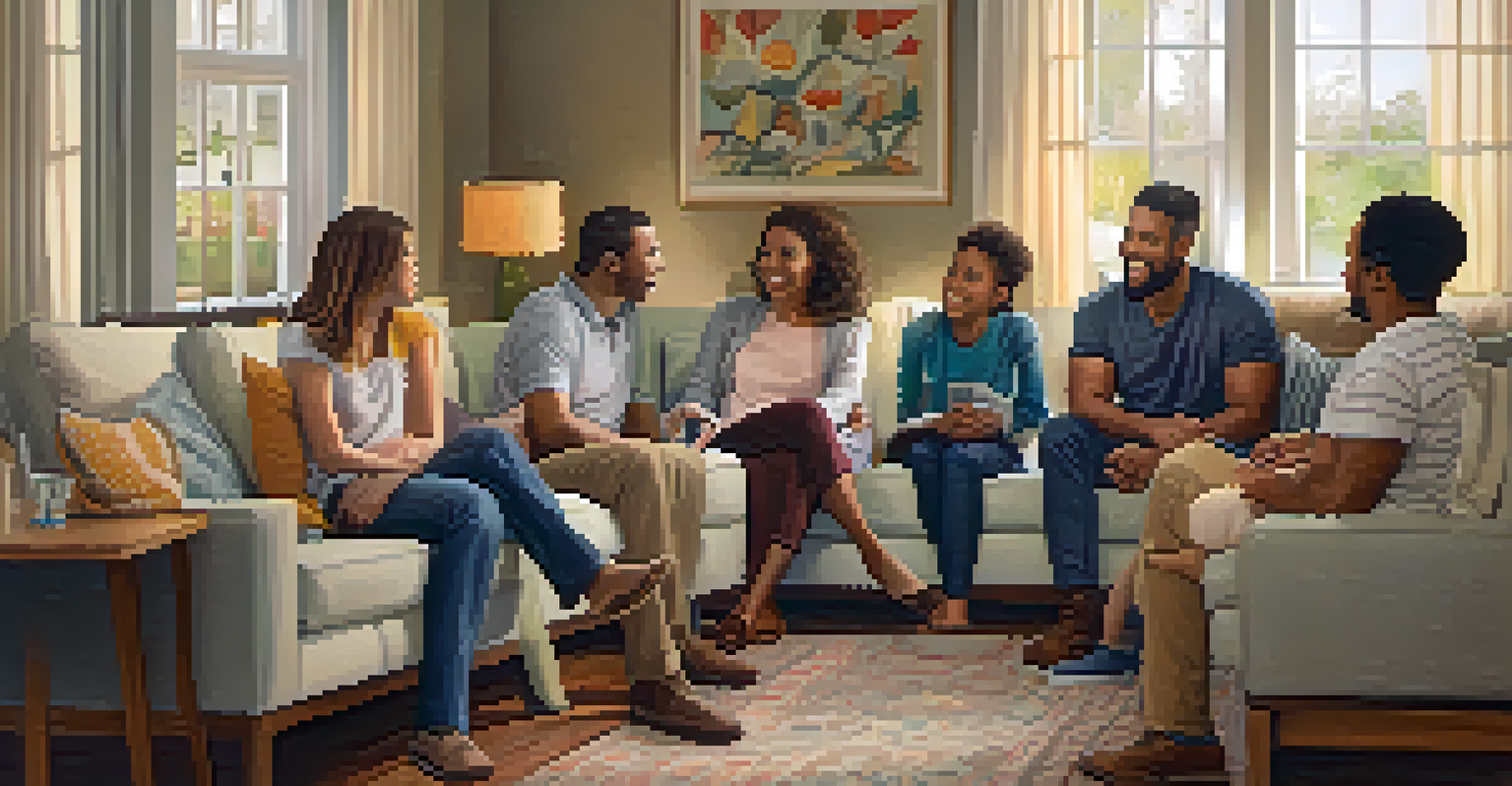 A family gathered in a living room discussing genetic testing results, showing a range of emotions.