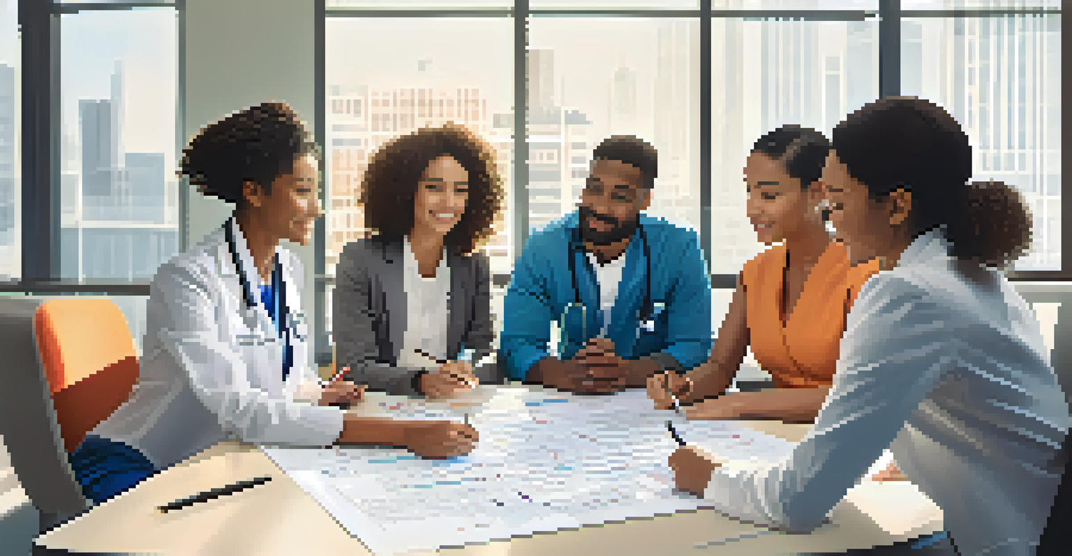 A diverse healthcare team brainstorming ideas around a round table in a bright conference room.