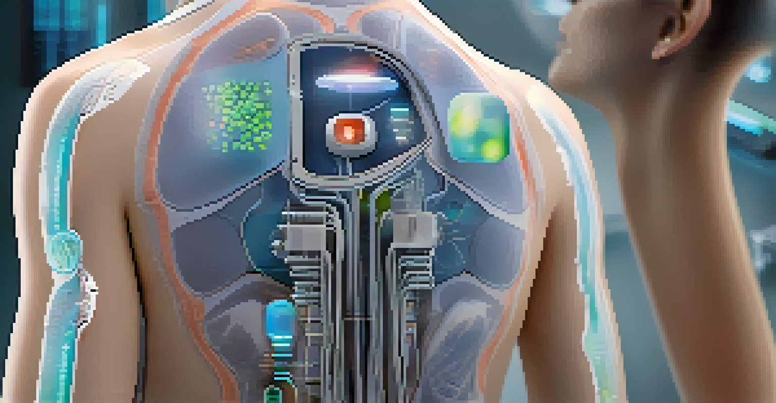 A futuristic transdermal patch on a patient's skin, showing digital indicators of monitored vital signs.